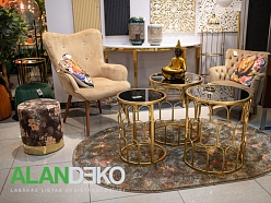 ALANDEKO apaļš dekoratīvs paklājs metāla stikla galdiņi taburete ar ziedu rakstu