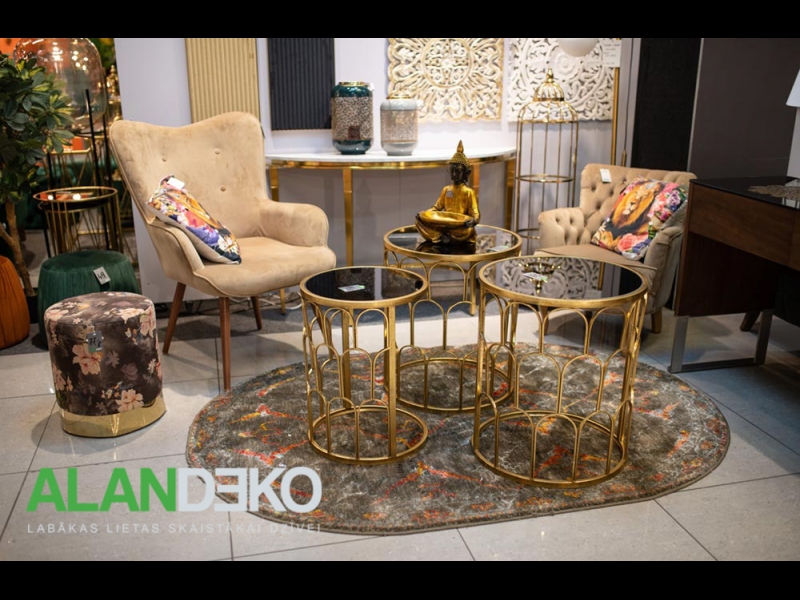 ALANDEKO apaļš dekoratīvs paklājs metāla stikla galdiņi taburete ar ziedu rakstu