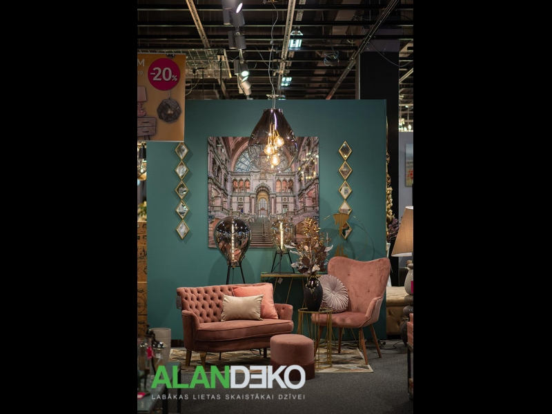 ALANDEKO atpūtas stūris stikla kupola lampa pufi sienas dekori