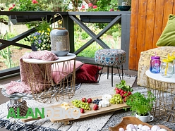 ALANDEKO terases mēbeles kafijas galdiņi servēšana koka dēlīši dzērienu trauki laterna pleds svečturi