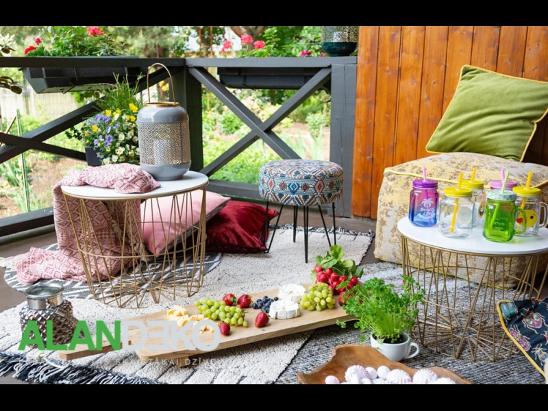 ALANDEKO terases mēbeles kafijas galdiņi servēšana koka dēlīši dzērienu trauki laterna pleds svečturi