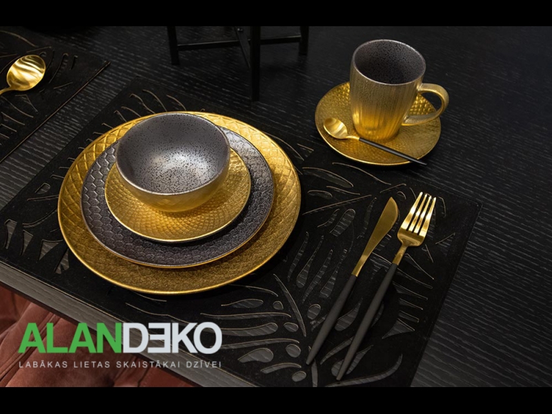 ALANDEKO zelta trauki pusdienu šķīvji tējas krūzes apakštases galda piederumi glada noformējums galda paliktņi