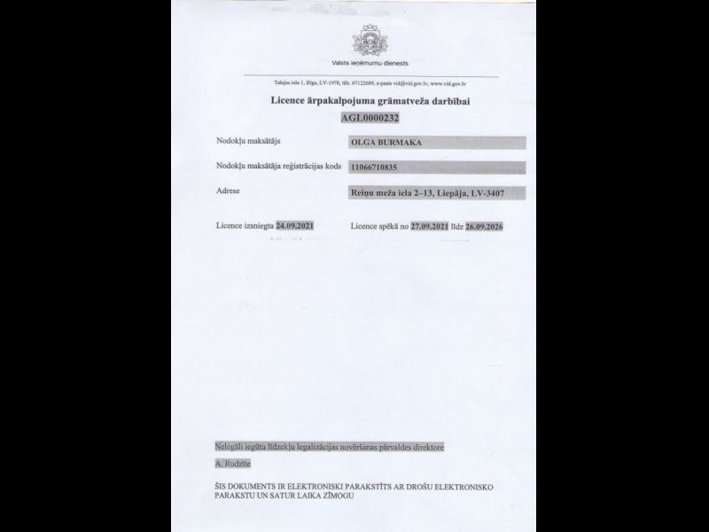 Licence ārpakalpojumu grāmatveža darbībai