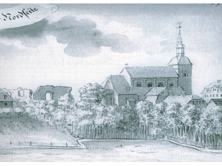 Valmieras pilsētas daļa no ziemeļu puses. Skatāma Johana Kristofa Broces (1742-1823) zīmējumā