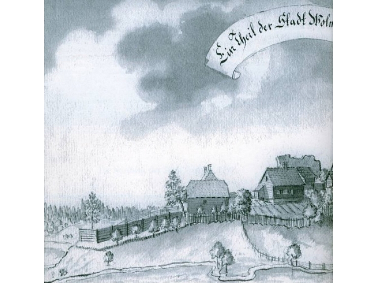 Valmieras pilsētas daļa no ziemeļu puses. Skatāma Johana Kristofa Broces (1742-1823) zīmējumā