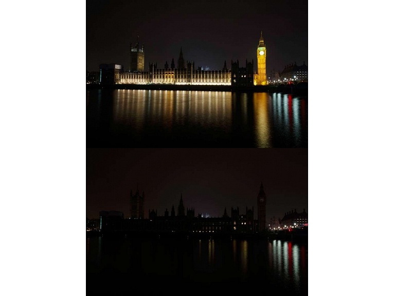 Pasaule vienojās Zemes stundā un izslēdza elektrību uz stundu, simboliski apliecinot izpratni par klimata pārmaiņu nozīmību. Attēlā redzama Zemes stunda Londonā.