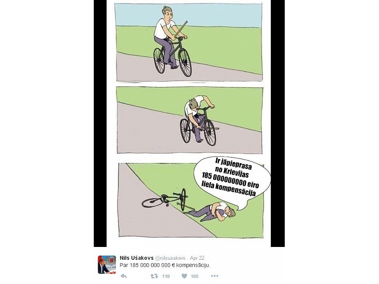 Lielu sabiedrības uzmanību piesaistījis Rīgas mēra Nila Ušakova publicētais attēls, kā velosipēdists pats savam spēkratam sabojā riepu, taču pēc traumas gūšanas pieprasa kompensāciju 185 miljardu eiro apmērā no Krievijas - tādu pašu summu, pie kādas nonākusi PSRS okupācijas radīto zaudējumu aprēķināšanas komisija.