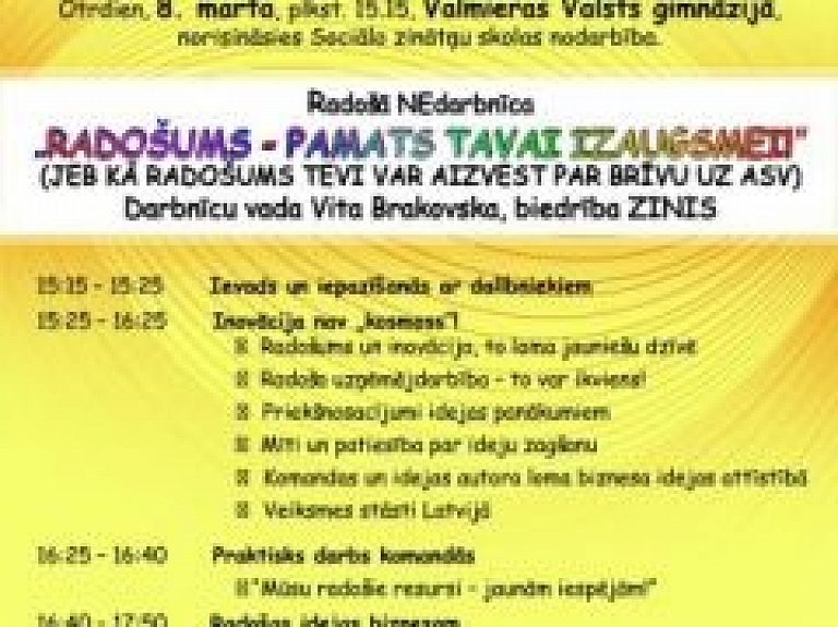 Rīt Valmieras Valsts ģimnāzijā notiks lekcija par radošumu