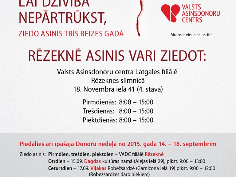 Atzīmējot pārcelšanos uz jaunajām telpām, VADC Latgales filiāle rīko Donoru nedēļu
