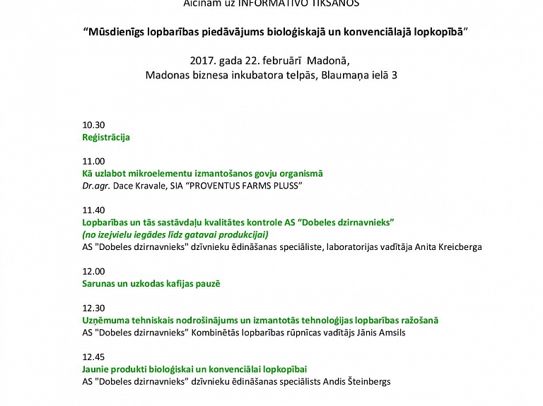 Madonā norisināsies informatīvs seminārs "Mūsdienīgs lopbarības piedāvājums bioloģiskajā un konvenciālajā lopkopībā"