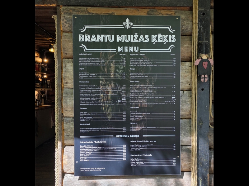 "Brantu muižas ķēķis", ēdienkarte