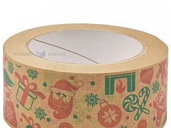 Papīra pakošanas līmlente brūna ar Ziemassvētku tematikas apdruku