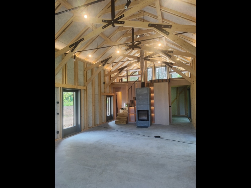 Plaša viesistaba ar kamīnu – koka mājas iekšdarbi un dizains