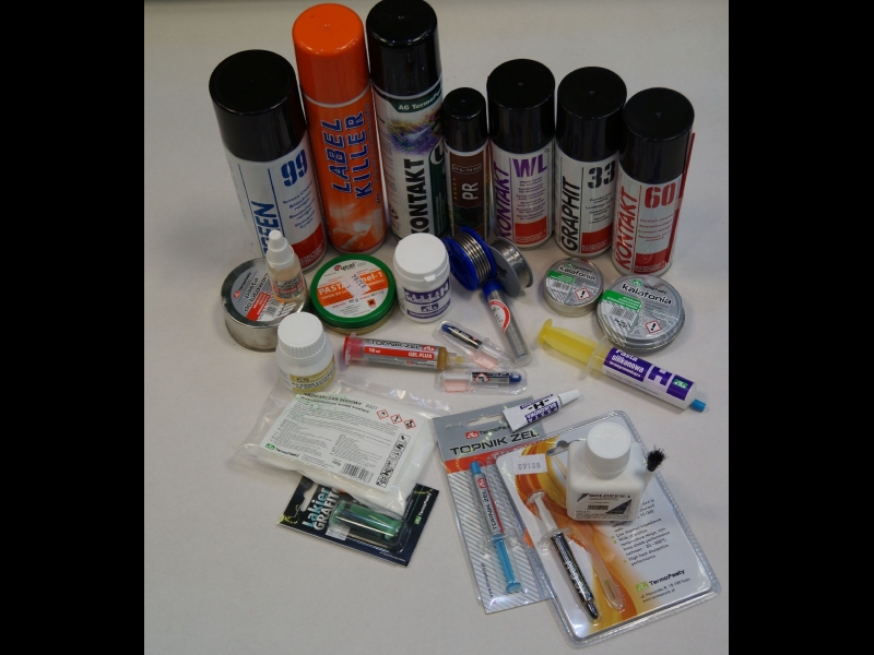 Alva, lodēšanas pasta, lodēšanas skābe, kalafonijs, kontaktu aerosoli, kontaktu tīrītāji, termopasta, kodināšanas līdzekļi, dzelzs hlorīds, kīmija elektronikai, lodēšanas ķīmija