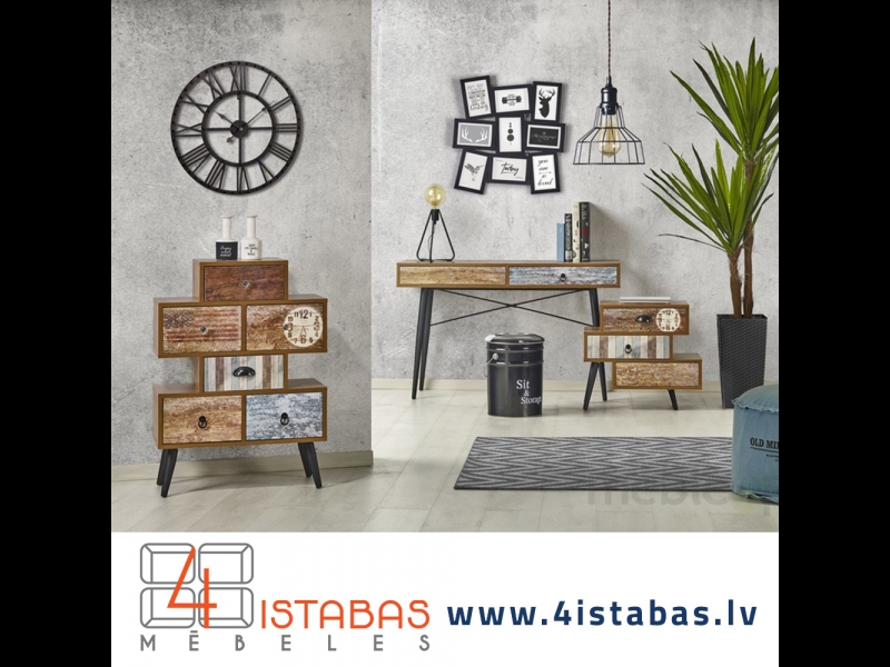 Stilīgi plaukti un kumodes ar apdruku retro stilā, mēbeļu internetveikals Latvija Valmiera Vidzeme mēbeles internetā