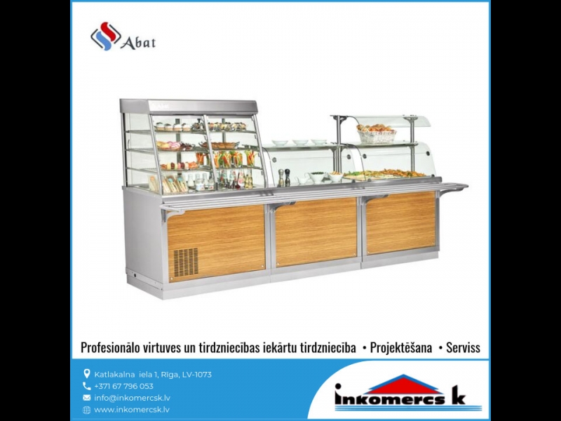 Profesionālas virtuves tirdzniecības iekārtas tehnika aprīkojums garantija serviss sadales līnija hot line Abat marmiti sadales galdi Inkomercs K