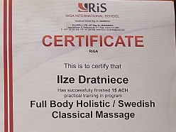 Pilna ķermeņa holistiskās (zviedru klasiskās) masāžas sertifikāts