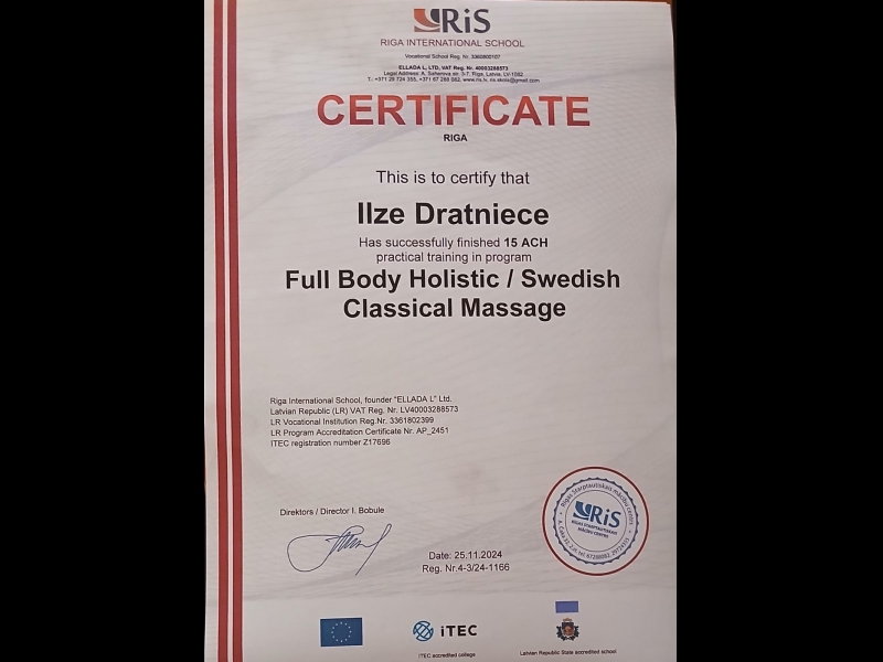 Pilna ķermeņa holistiskās (zviedru klasiskās) masāžas sertifikāts