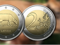Latvijas Banka otrdien, 19.jūlijā, laida apgrozībā divu eiro piemiņas monētu ar govs attēlu. Publicitātes foto.
