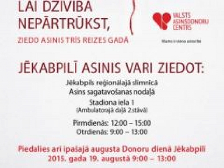 Izglāb dzīvību – piedalies Donoru dienā Jēkabpilī