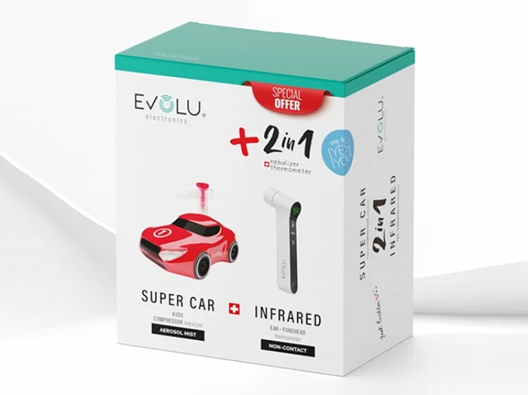 EVOLU komplekts bērniem: inhalators Super Car + bezkontakta termometrs 