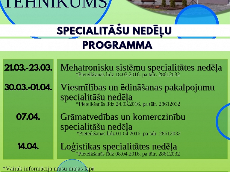 Četru nedēļu garumā Valmieras tehnikumā notiks specialitāšu nedēļas